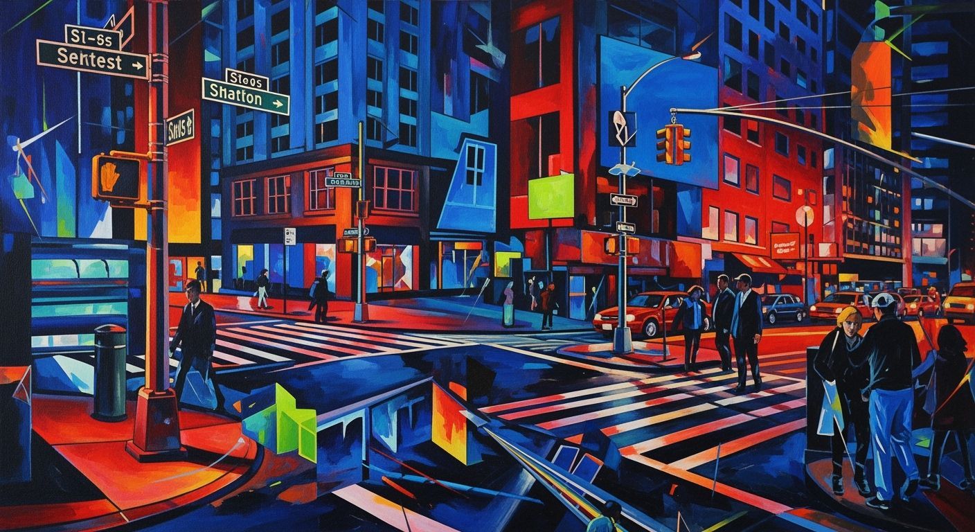 Abstract Surrealist Cityscape Collage with Geometric Pattern...