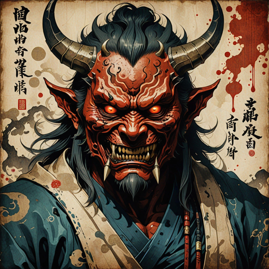 Surreal Oni Demon in Traditional Japanese Parchment Style