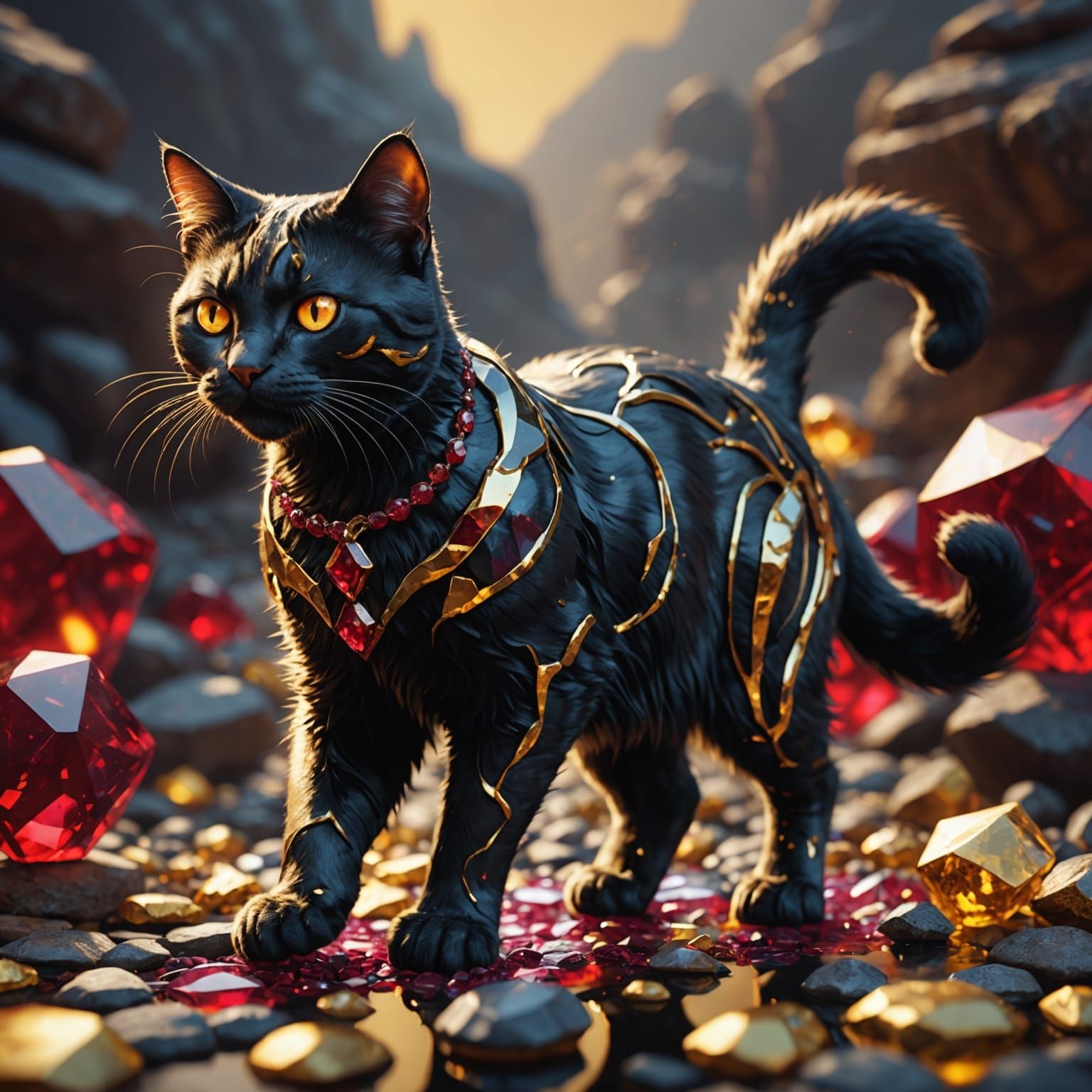 Liquid Gold Cat on Gemstones in Digital Painting