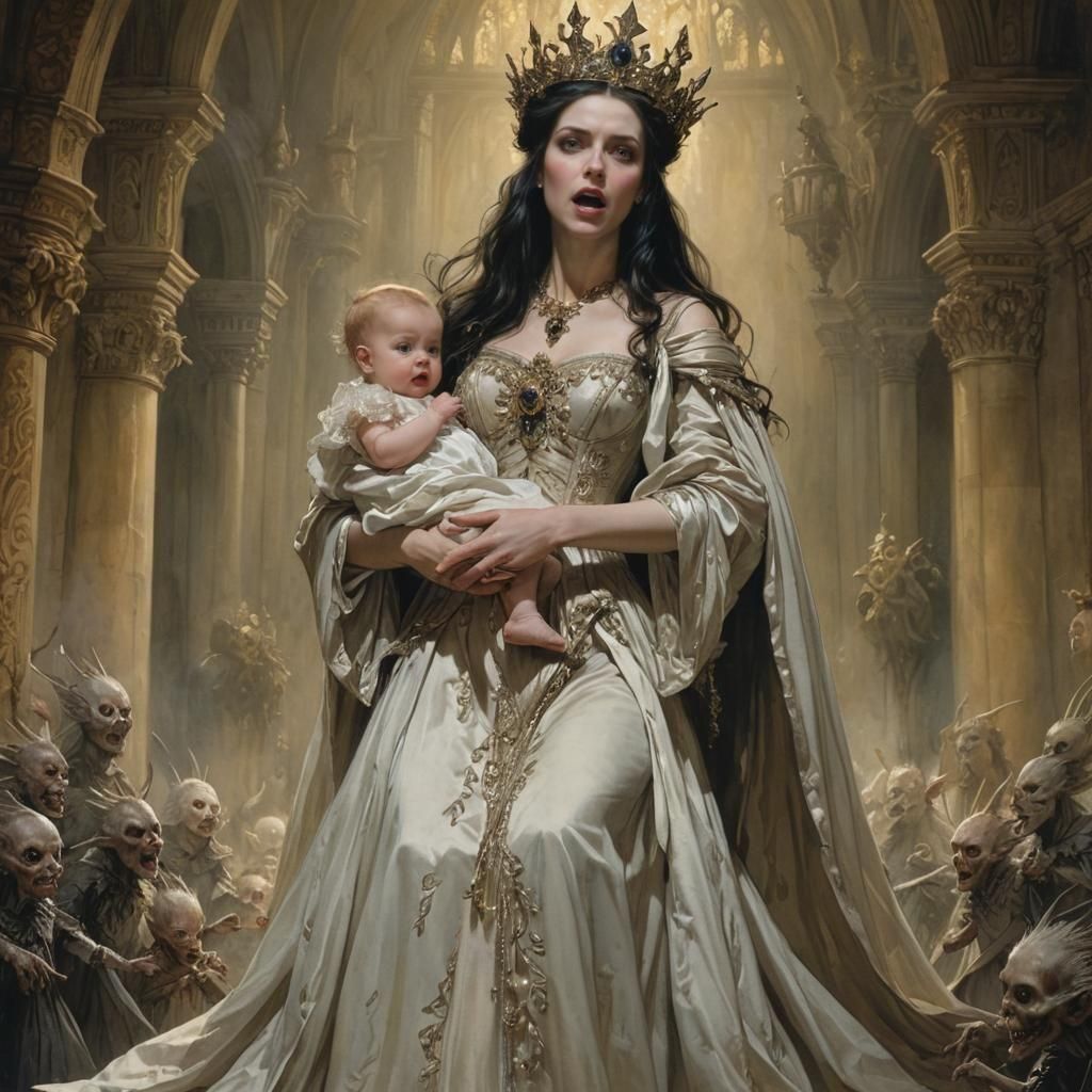 Horrified Queen Confronts Dark Fairies at Christening