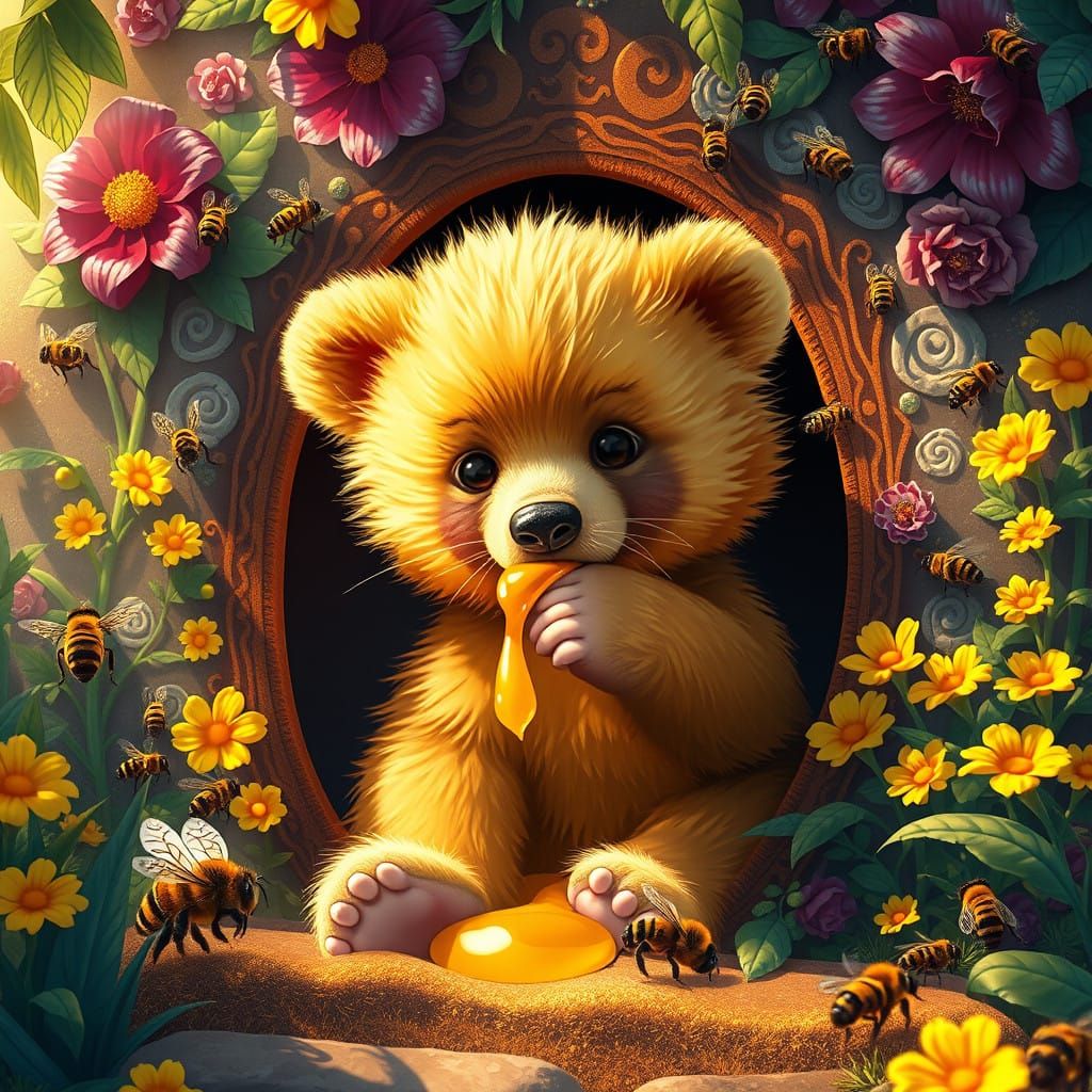Golden Honey Bear Cub in Vibrant Beehive Scene