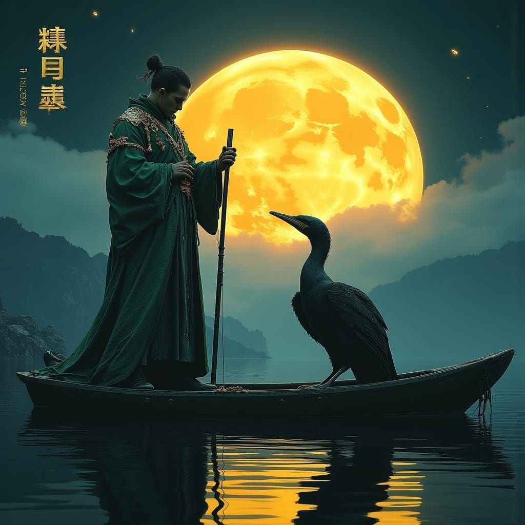 Japanese Fisherman Feeds Cormorant Under Glowing Yellow Moon