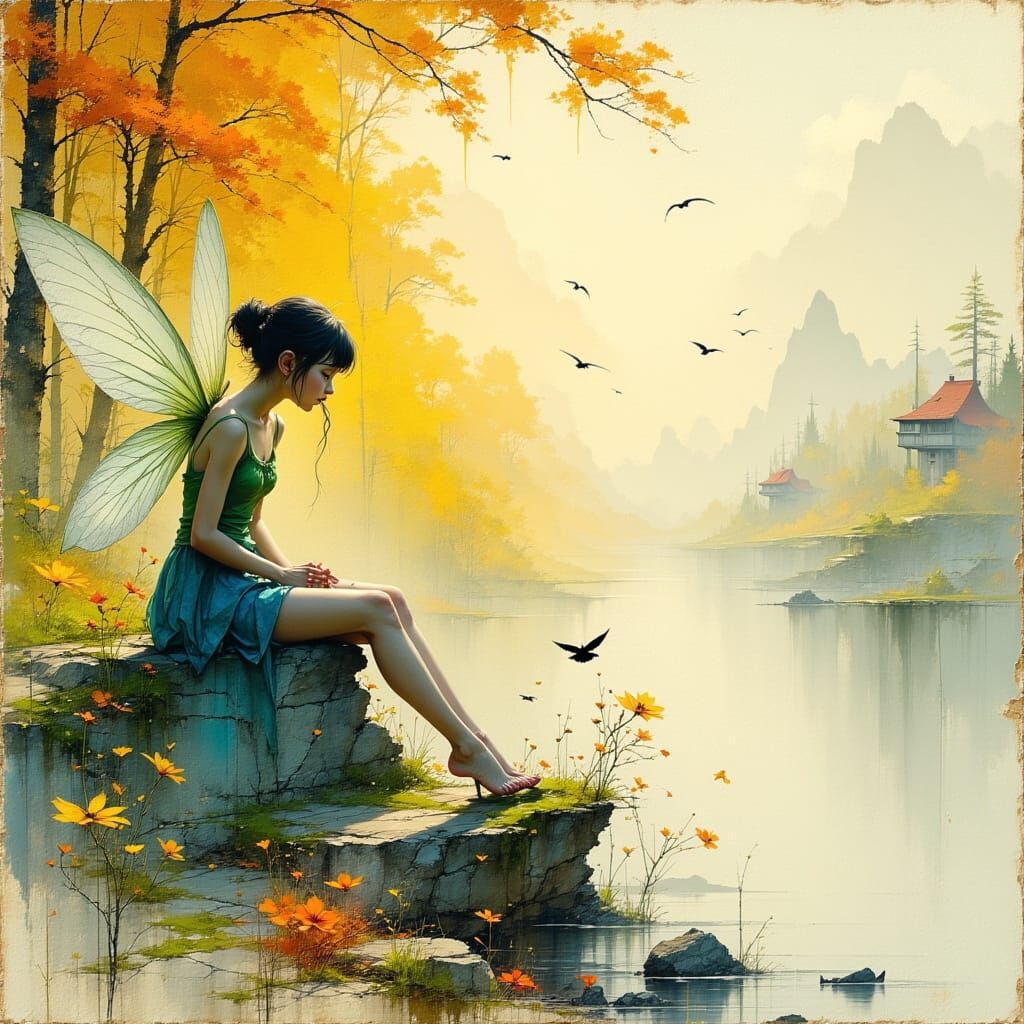 Whimsical Tinkerbell Enchants Riverbank in Textured Fantasy