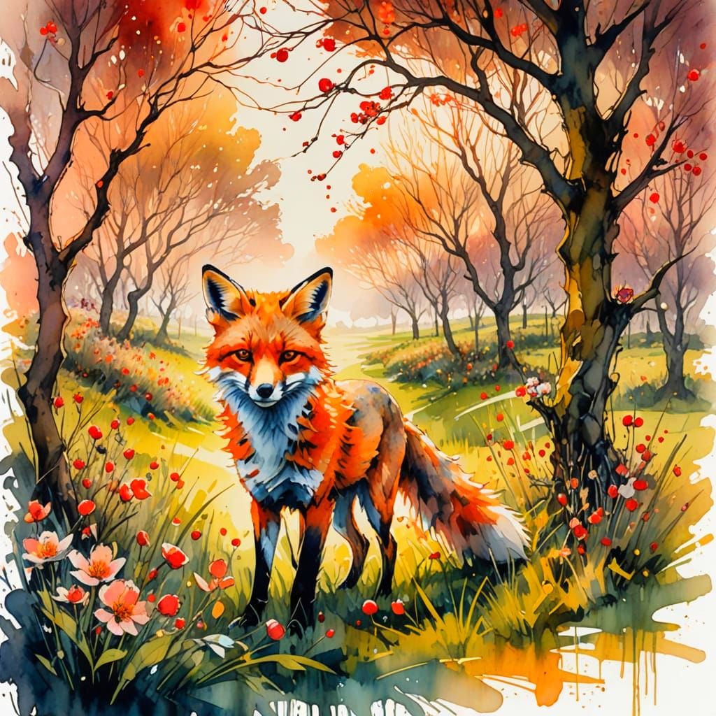 Twilight Orchard in Vibrant Watercolour Style