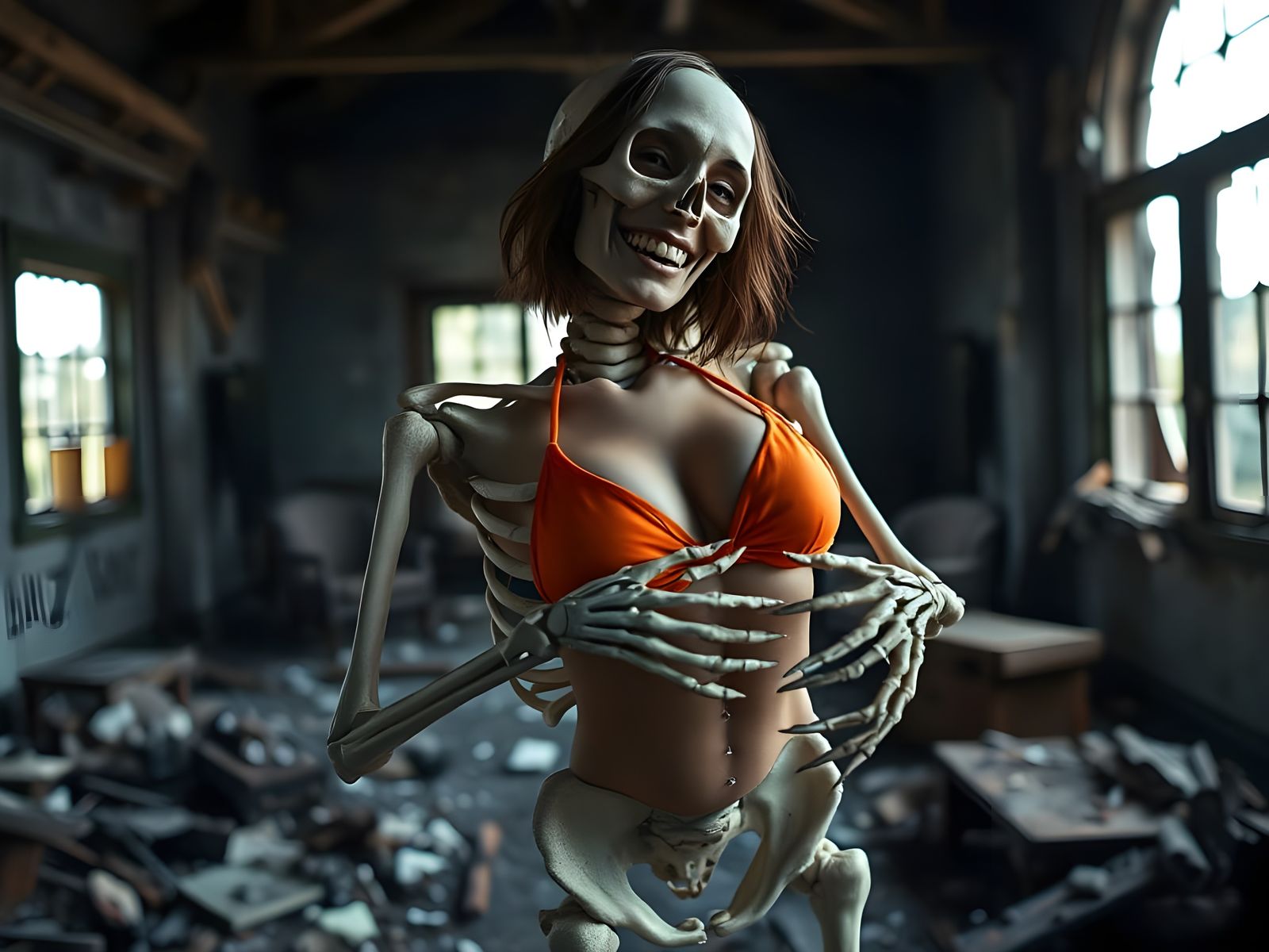 Skeleton Cradles a Smiling Young Woman in Abandoned Ruins