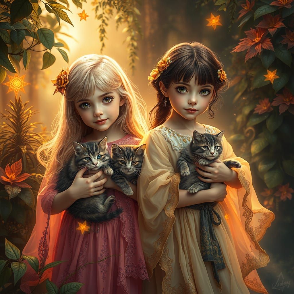 Whimsical Girls and Cats in Vibrant Foliage