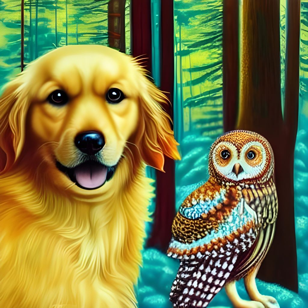 A Golden retriever with an Owl