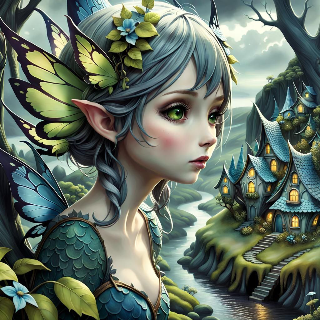 Melancholic Pixie in Fairy Village as Pen and Ink Art