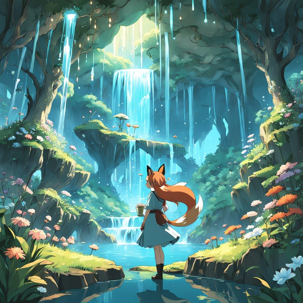 Whimsical Crystal Tea Garden in Ethereal Glow