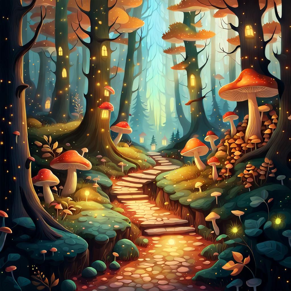 Enchanted Autumn House in Bioluminescent Forest