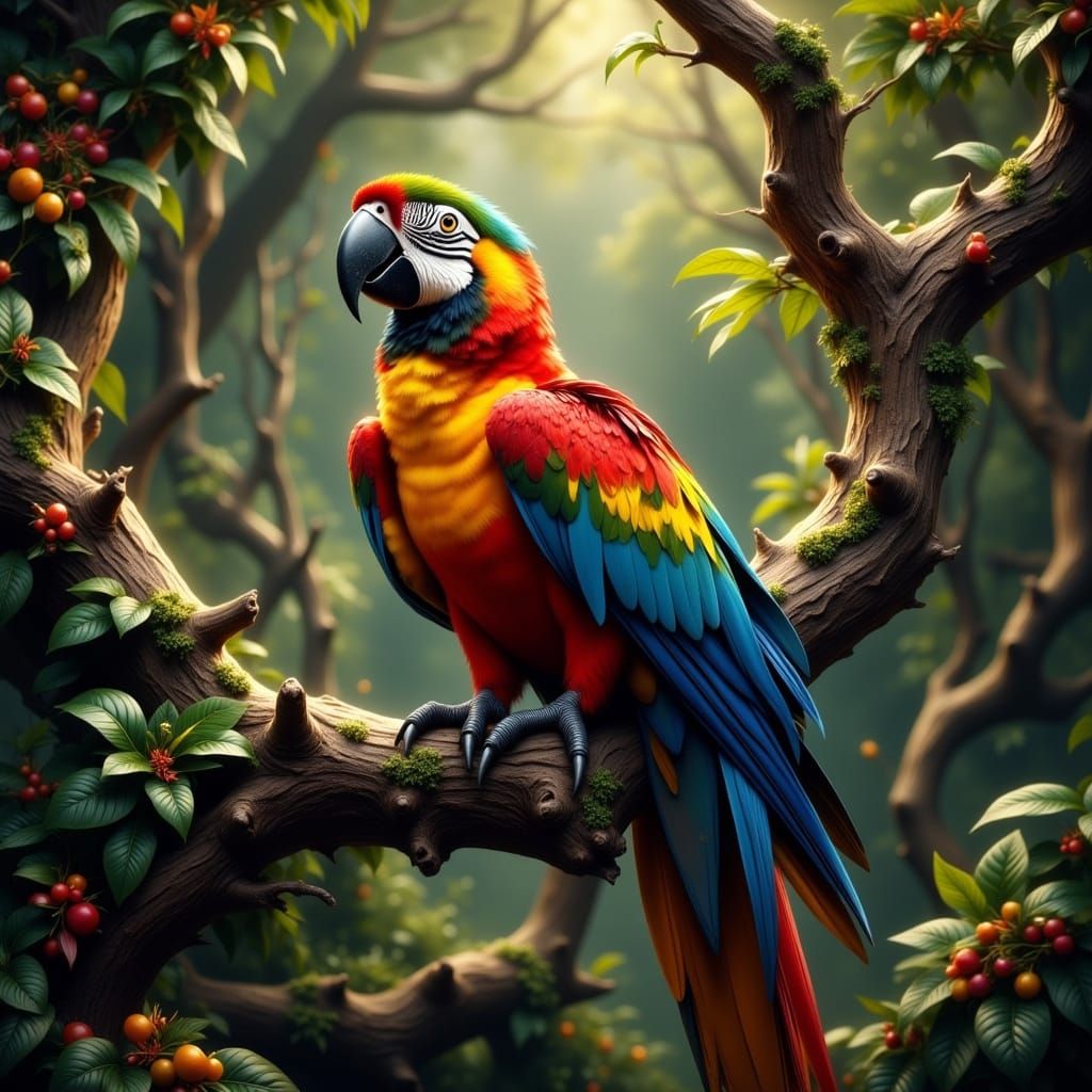 Vibrant Macaw in Dreamlike Landscape with Mystical Textures