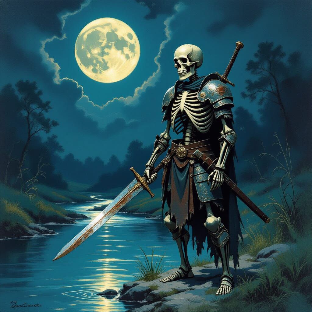 Warrior Skeleton by Moonlit Stream in Fantasy Style