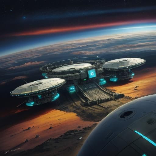 Overhead view of a Research station on an alien planet surfa...