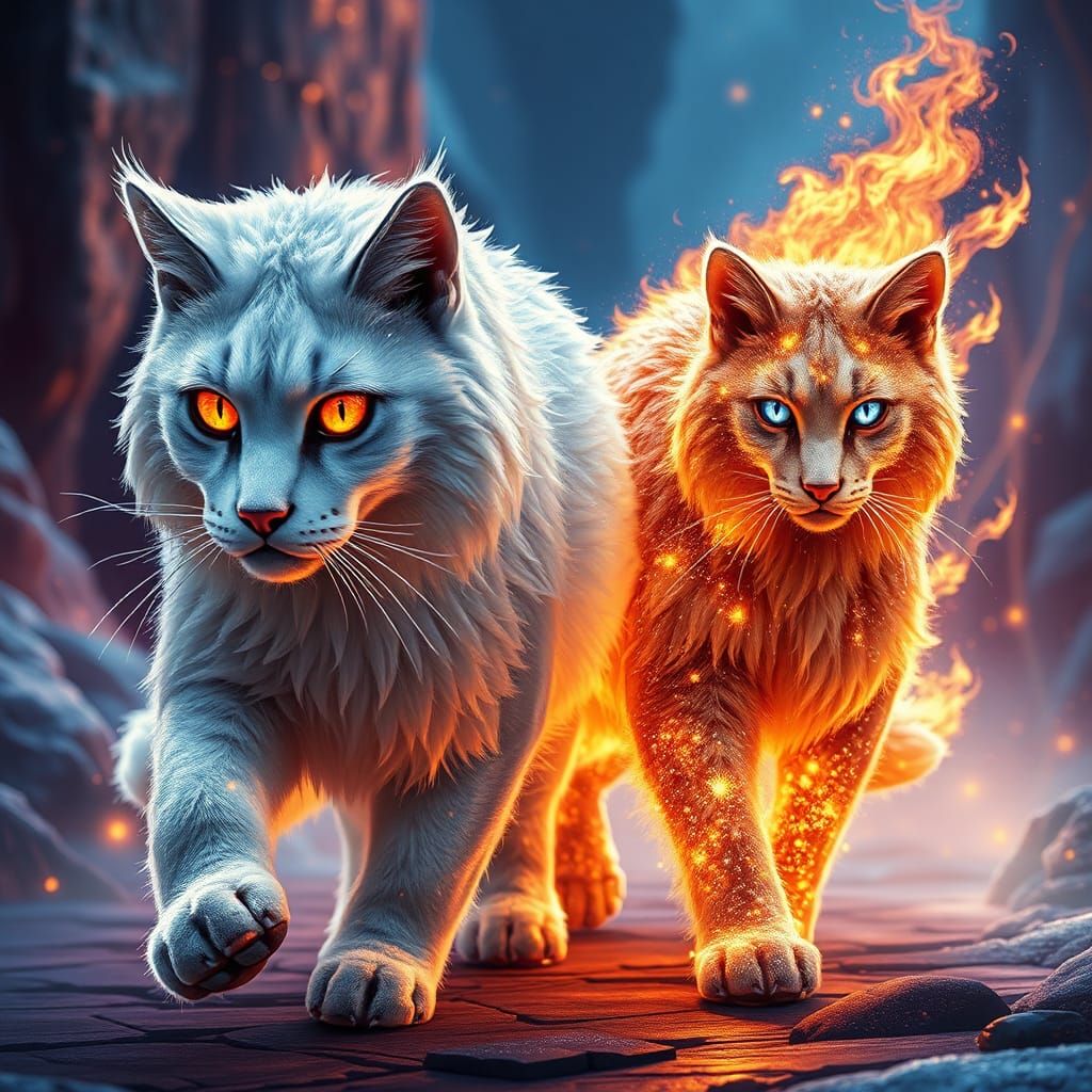Majestic Fire and Ice Cats in Fantasy Landscape