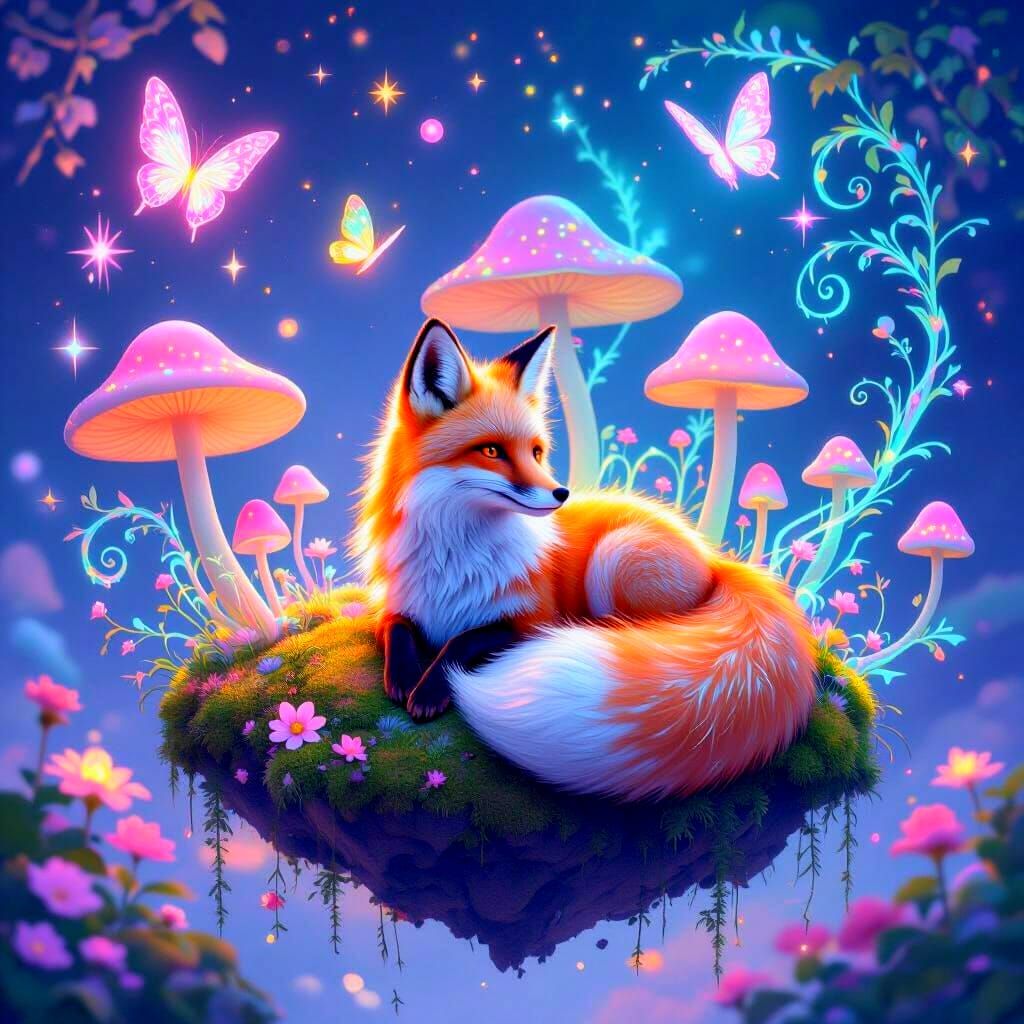 Fox Lounging in Dreamlike Psychedelic Forest
