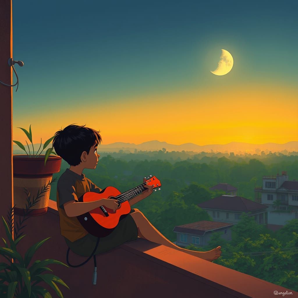 Lo-fi Painting of Boys Playing Ukulele at Twilight