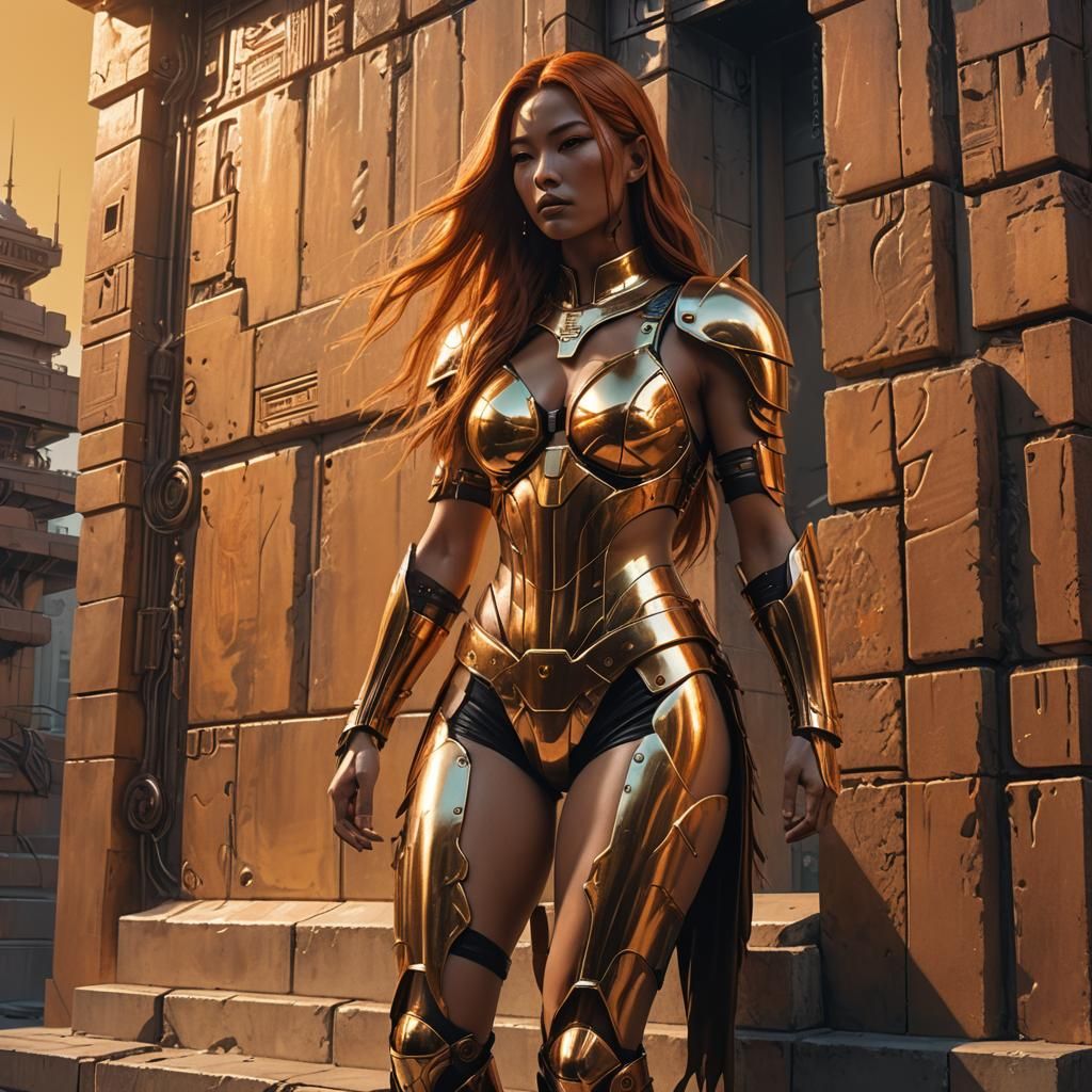 Cyberpunk Sunset: Futuristic Woman in Golden Bikini