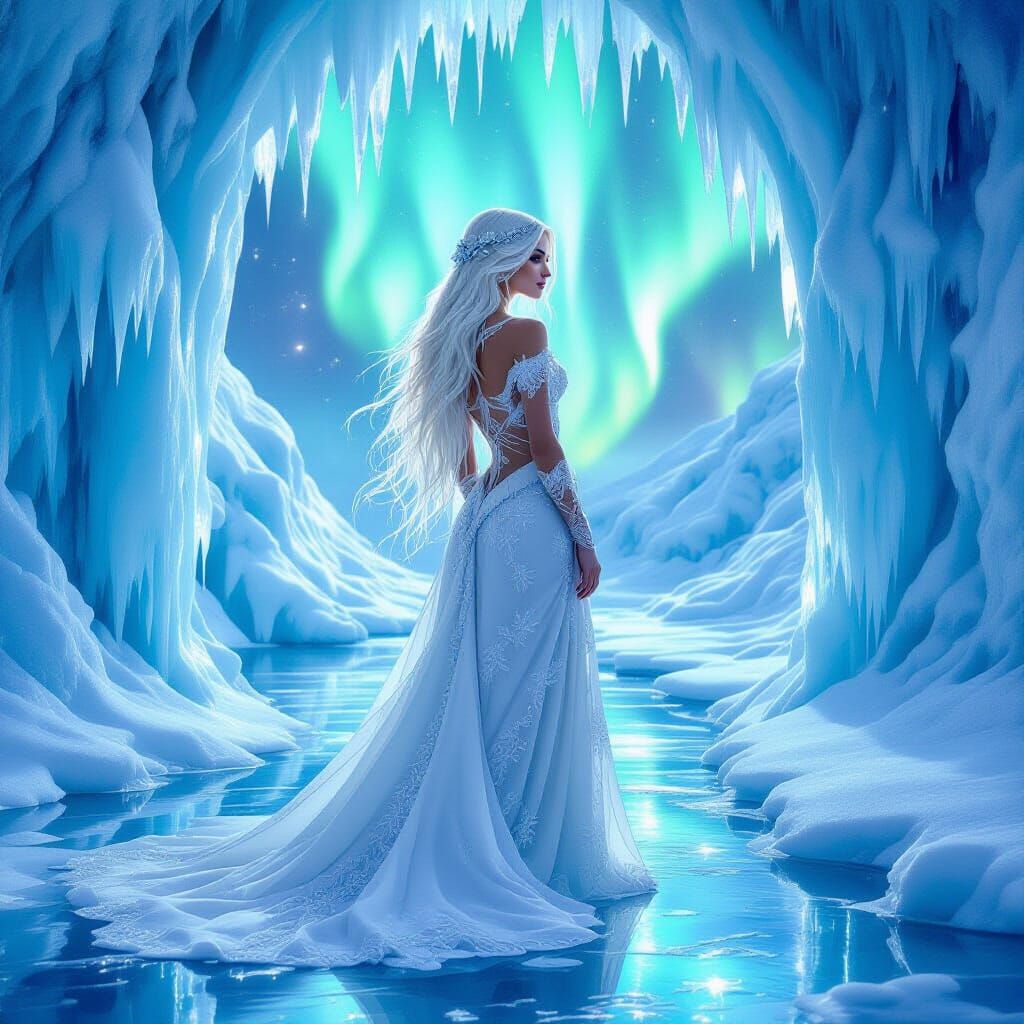 Goddess with Aurora Hair in Glacial Palace