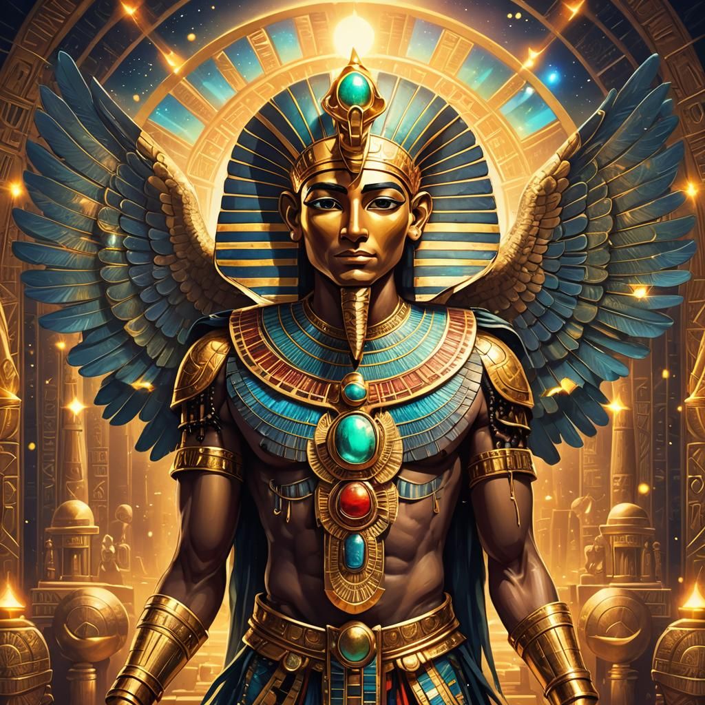 Egyptian Pharaoh with Golden Scarab and Obelisks