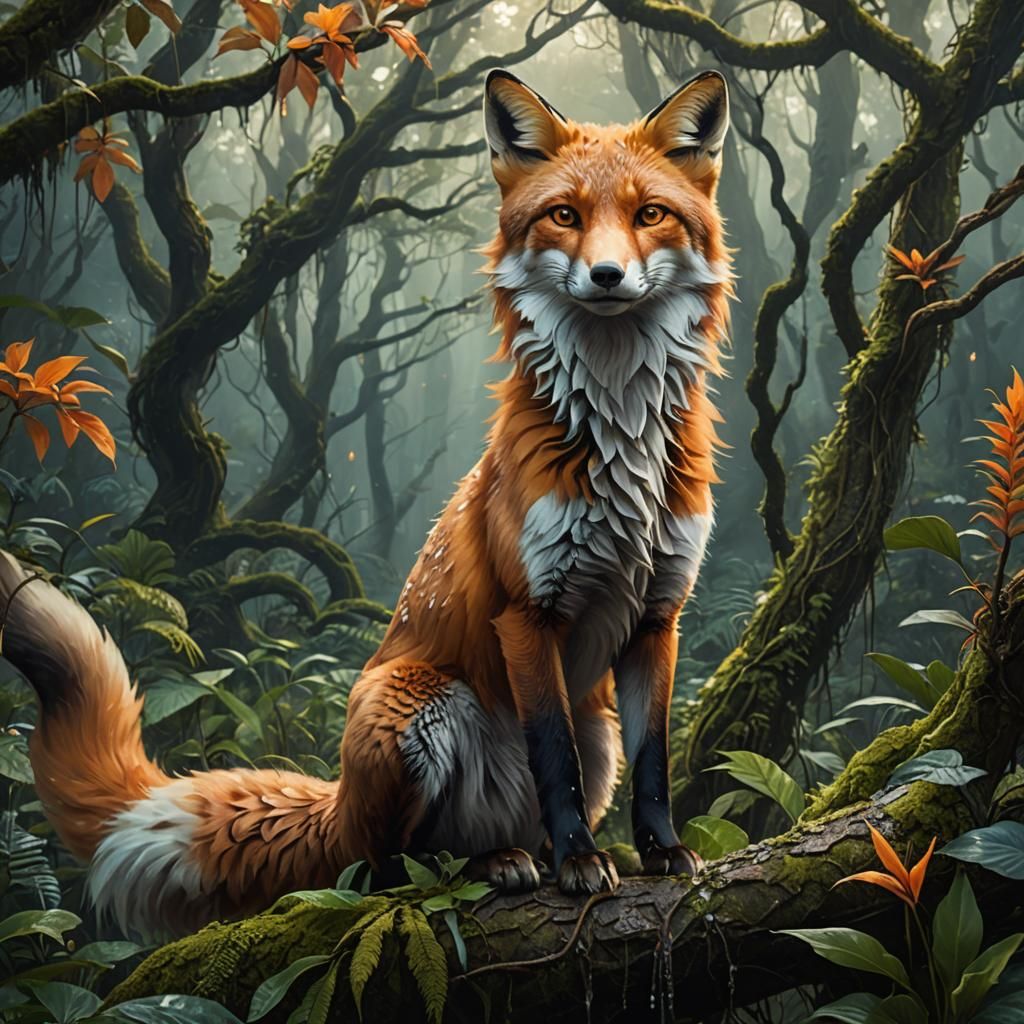 Fox and Snake in Mystical Rainforest, Digital Matte Painting