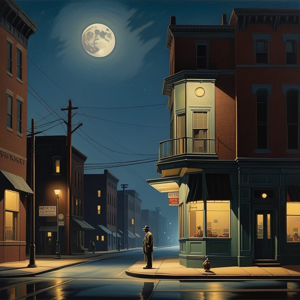 Moonlit Cityscape in American Realist Style