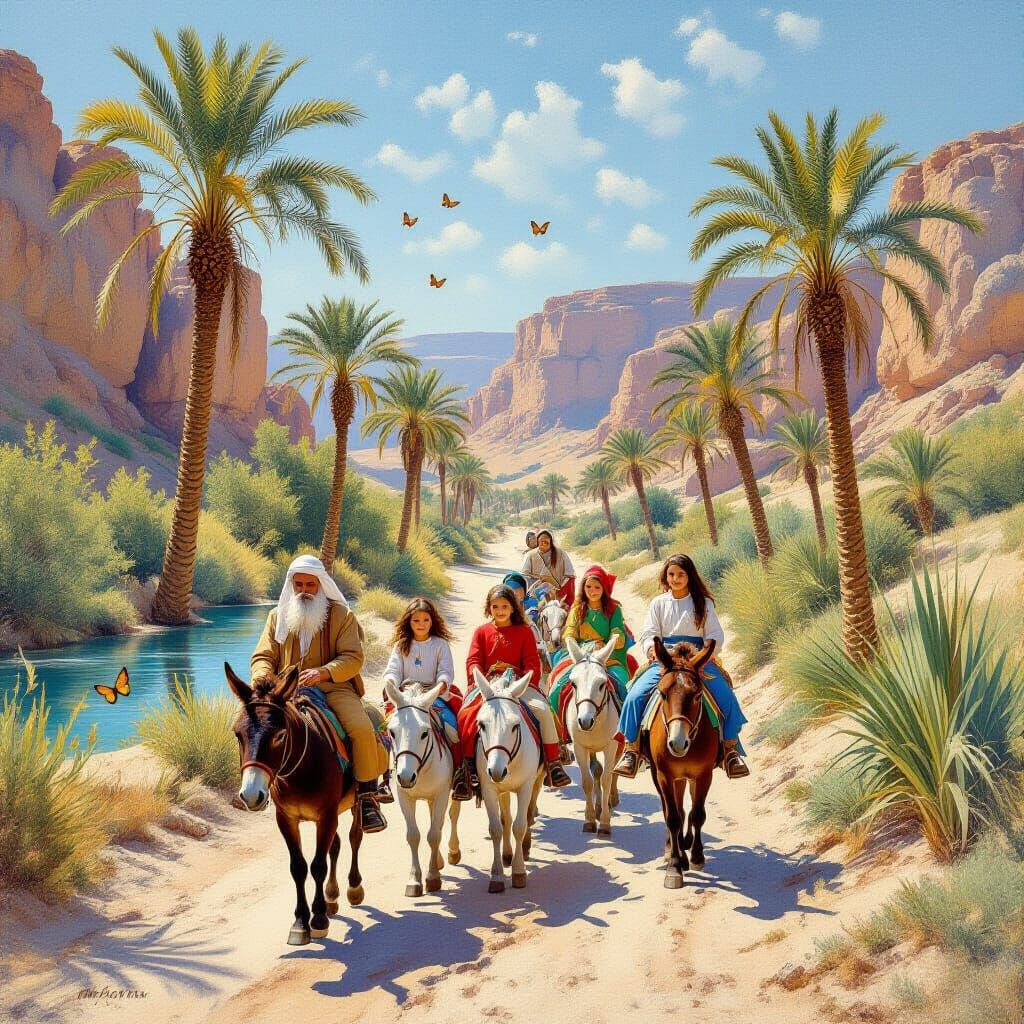 Wadi Scene with Children and Donkeys in Classical Style