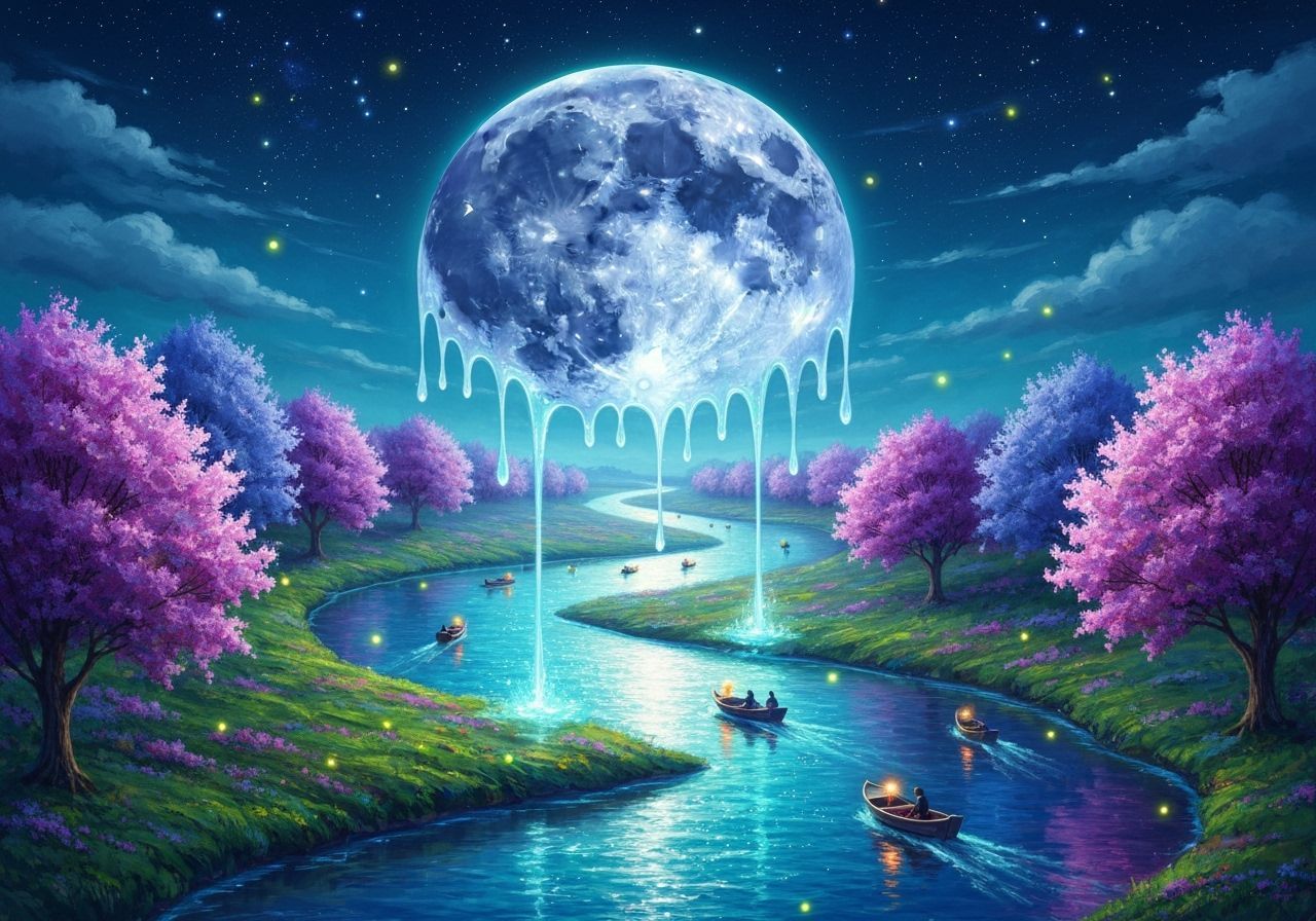 Surreal Moonlit River with Dripping Light, Vibrant Flora