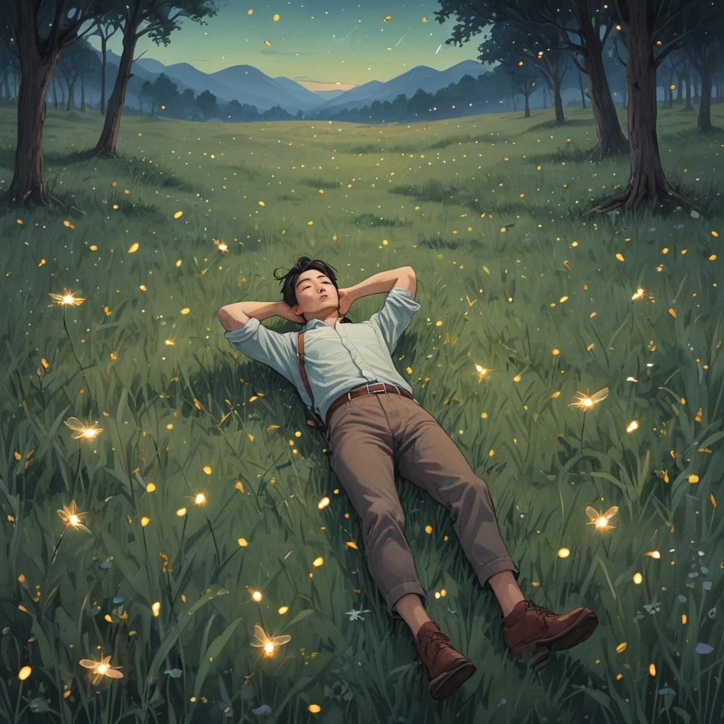Man in Meadow with Fireflies, Illustrative Style