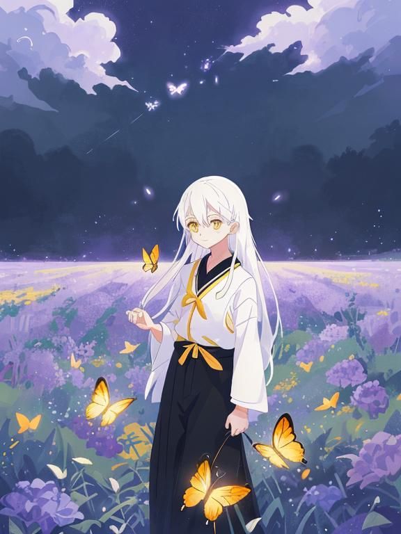 Anime Boy with Butterflies in Flower Field