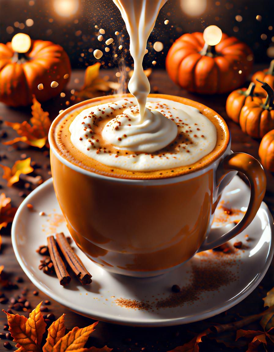 Hyperrealistic Pumpkin Latte with Bokeh Cosmos