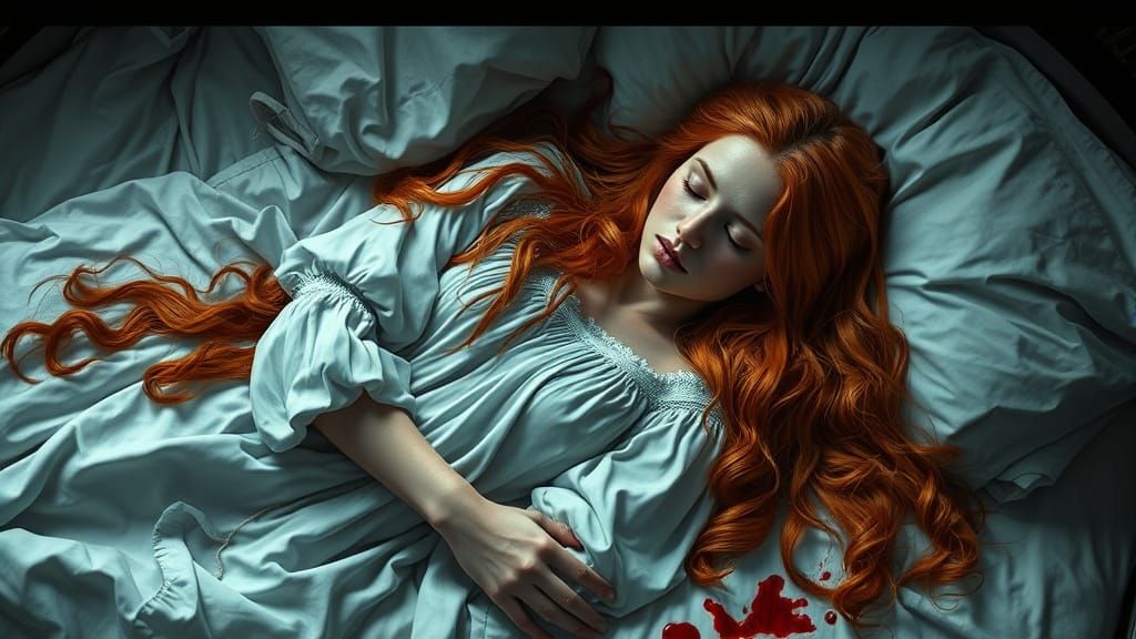 Surreal Medieval Woman Sleeps in a Bloody Bed with Intricate...