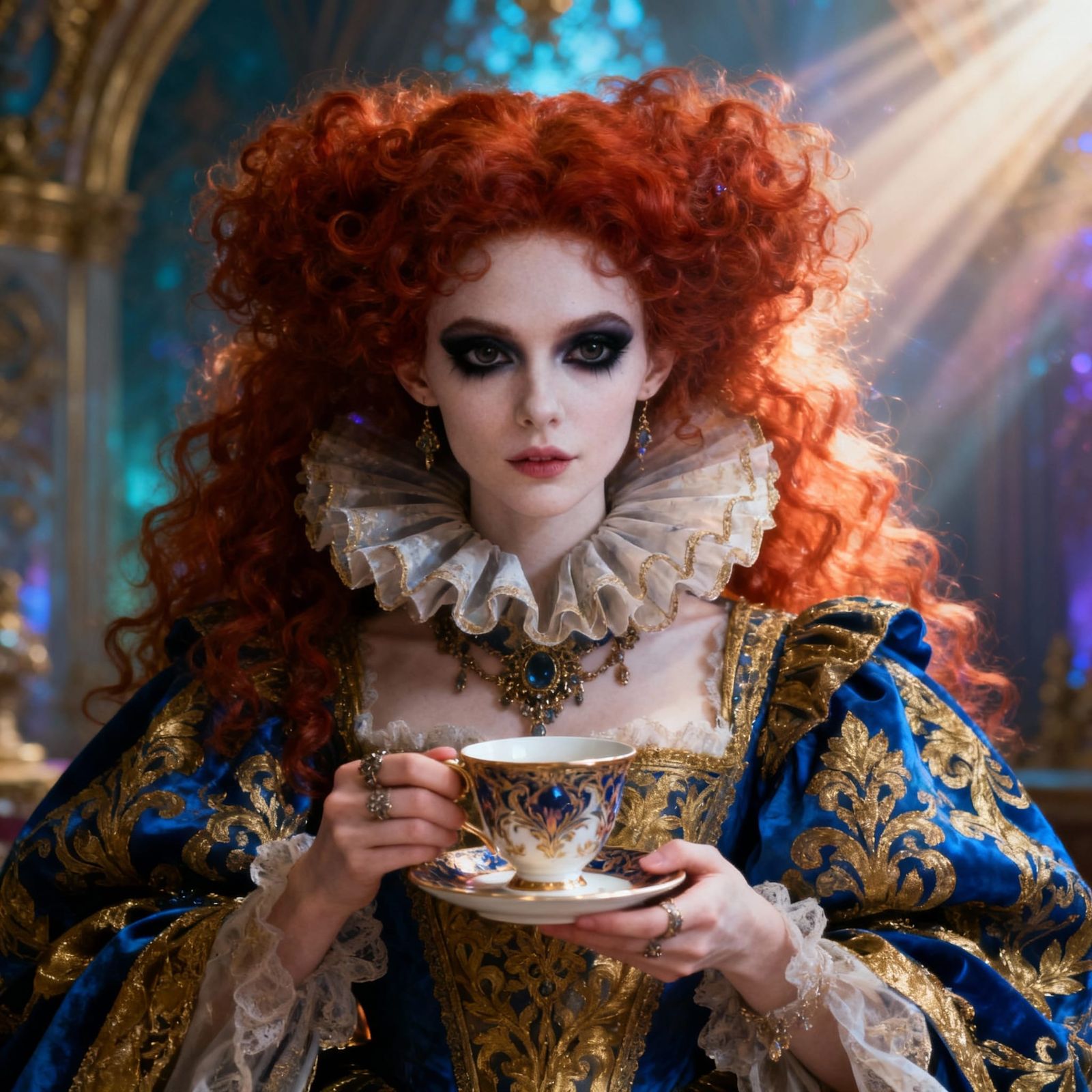 Ethereal Fantasy Character with Red Hair and Ornate Cup