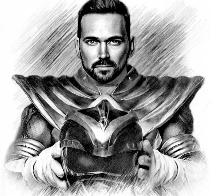 Portrait of the Jason David Frank as Tommy Oliver - Green Mighty Morphin Power ranger in pencil sketch style