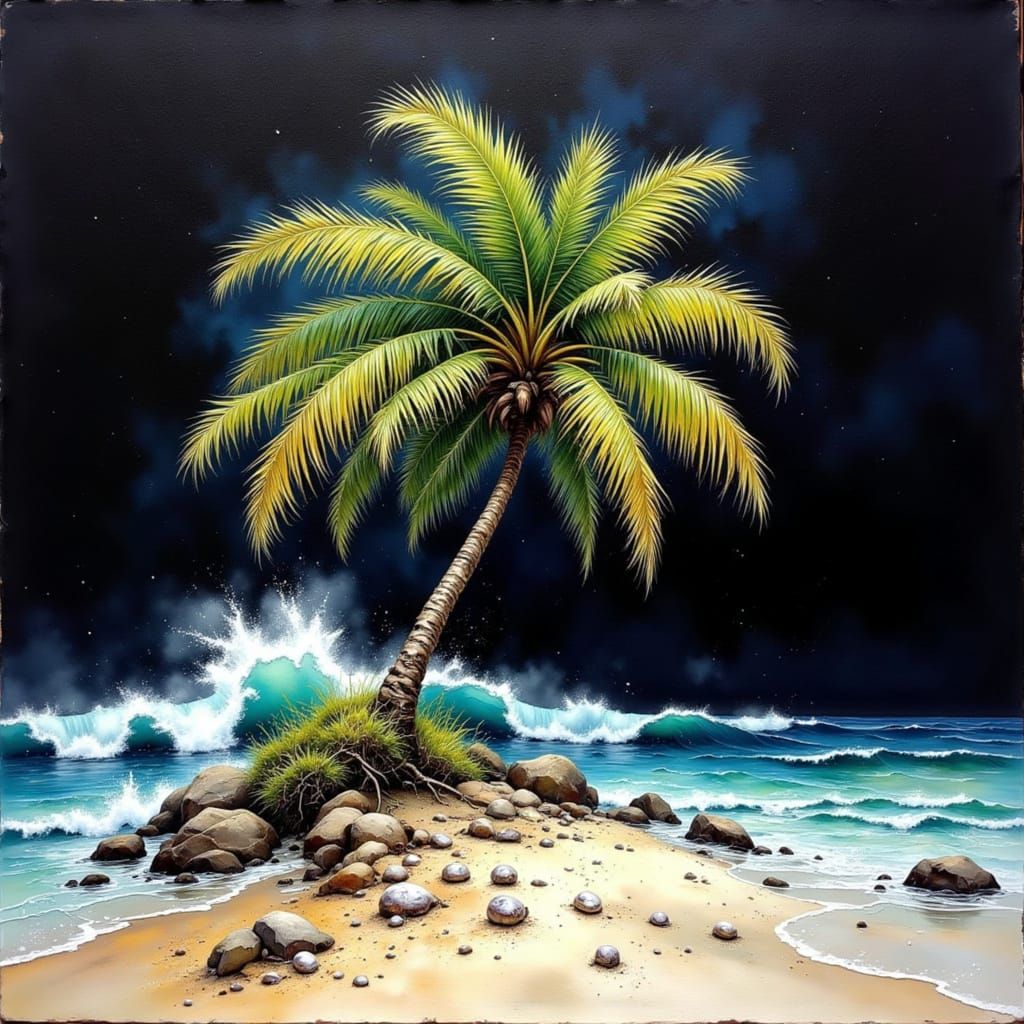 Palm Tree on Rocky Island in Watercolour Style
