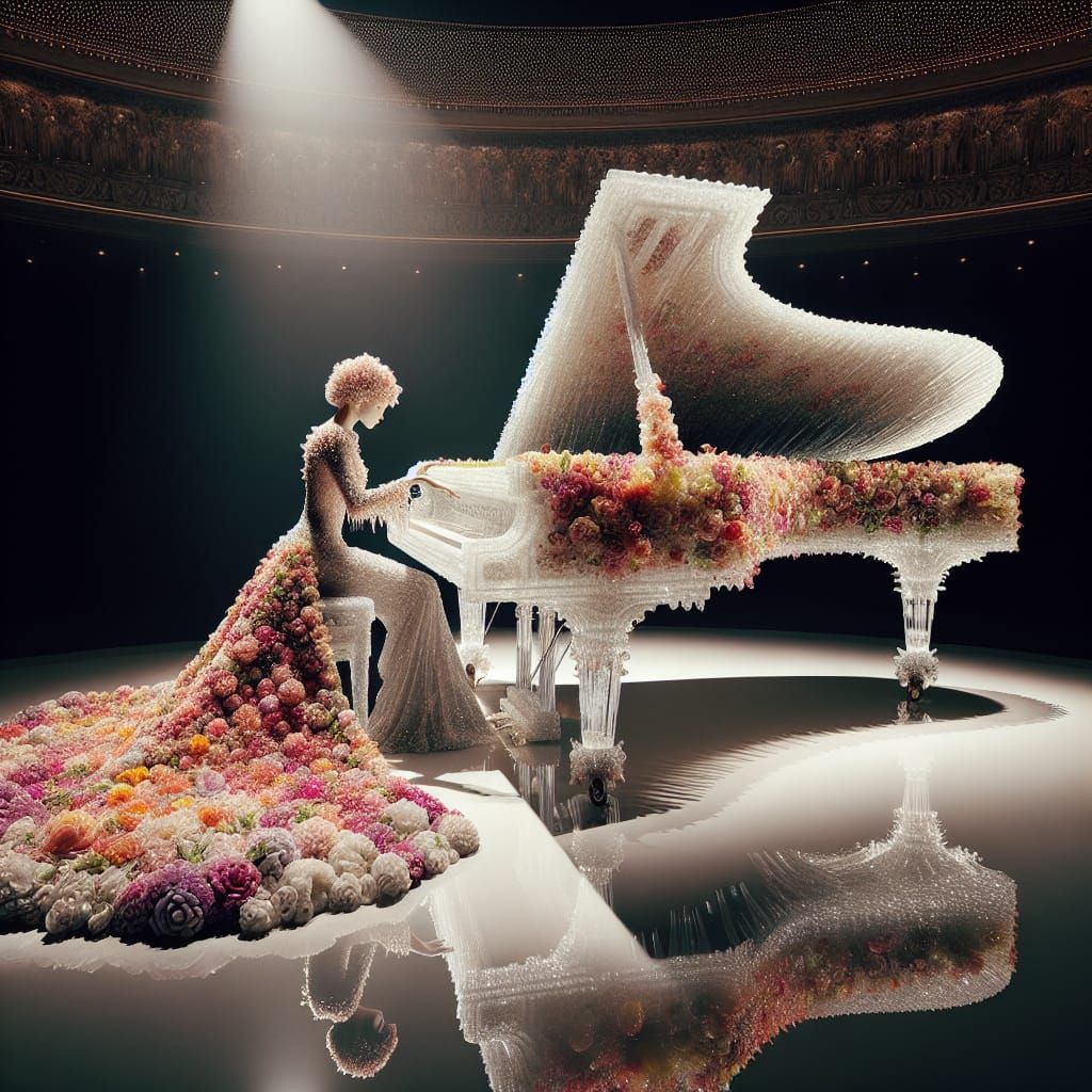 Crystal Grand Piano with Flower-Gown Pianist