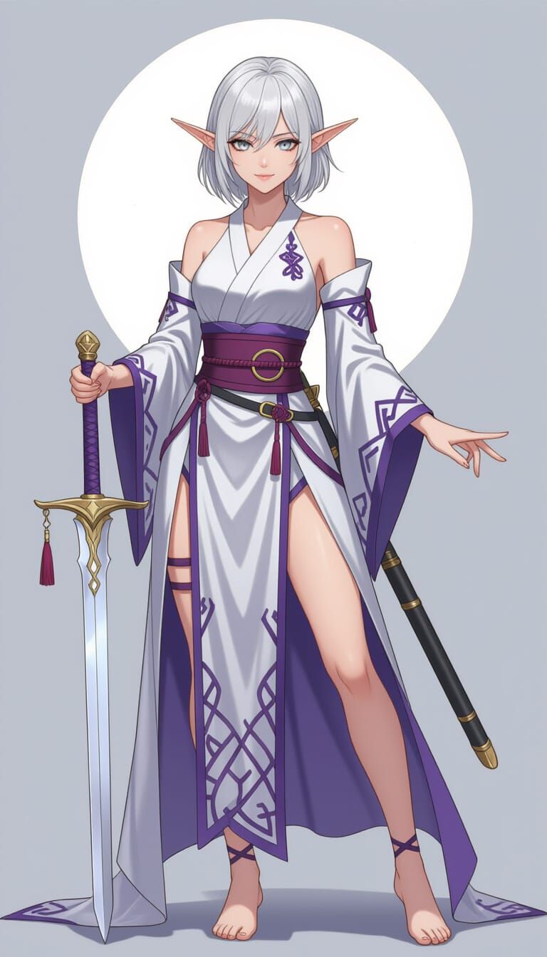 Anime Elf Swordsman in Violet Ceremonial Dress