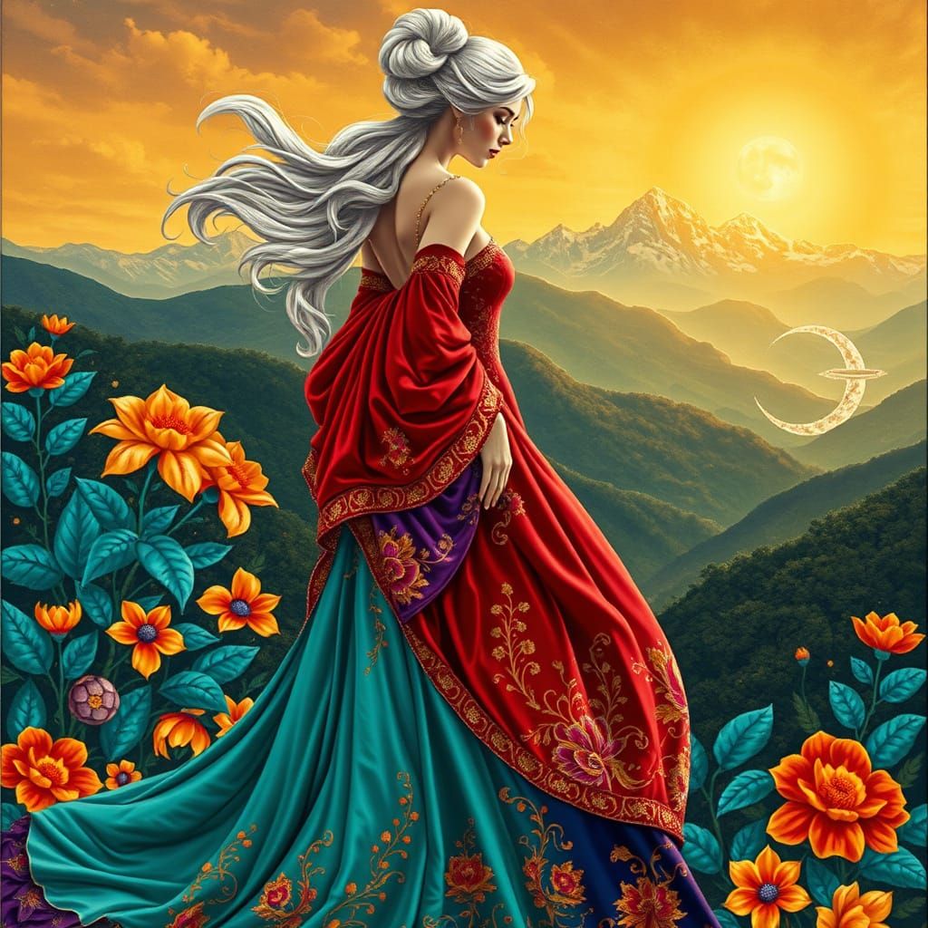 Elegant Woman in Jewel-Toned Gown in Tapestry Landscape
