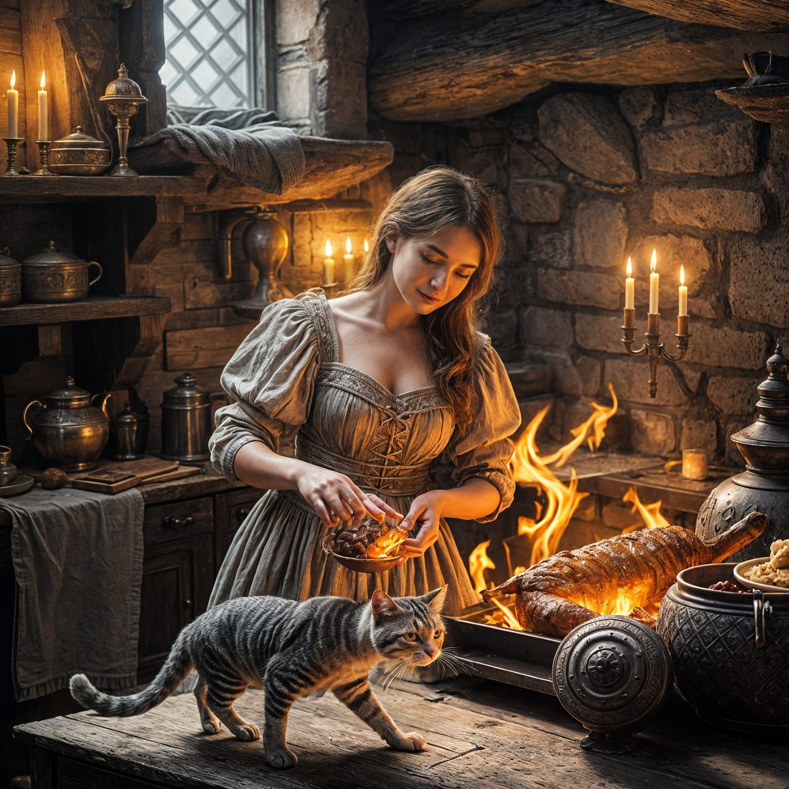 Hyperrealistic Woman in Medieval Kitchen Scene
