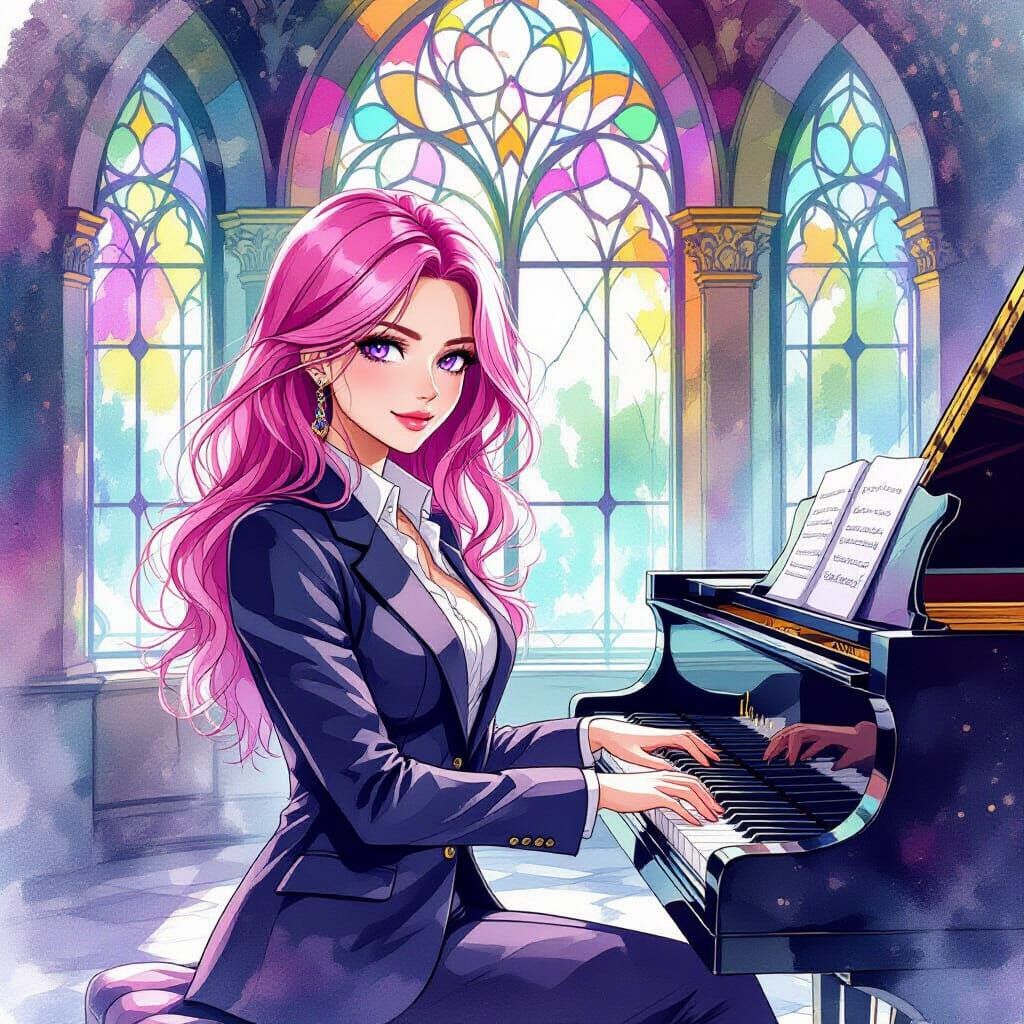 Pink-Haired Woman Plays Piano in Watercolor Style