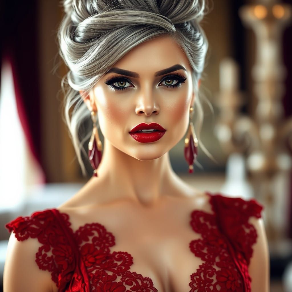 Elegant Woman in Red Corset and Grey Hair