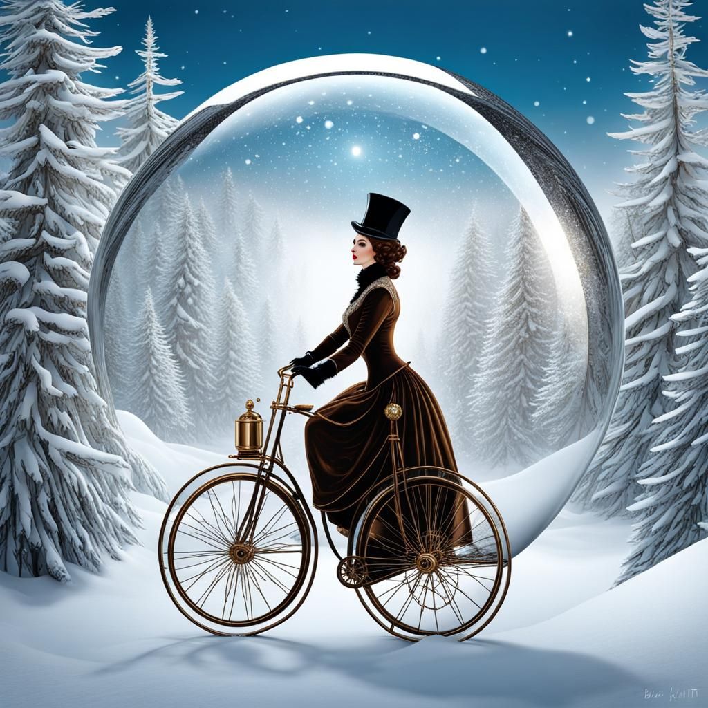 Woman on Penny-Farthing in Winter Wonderland