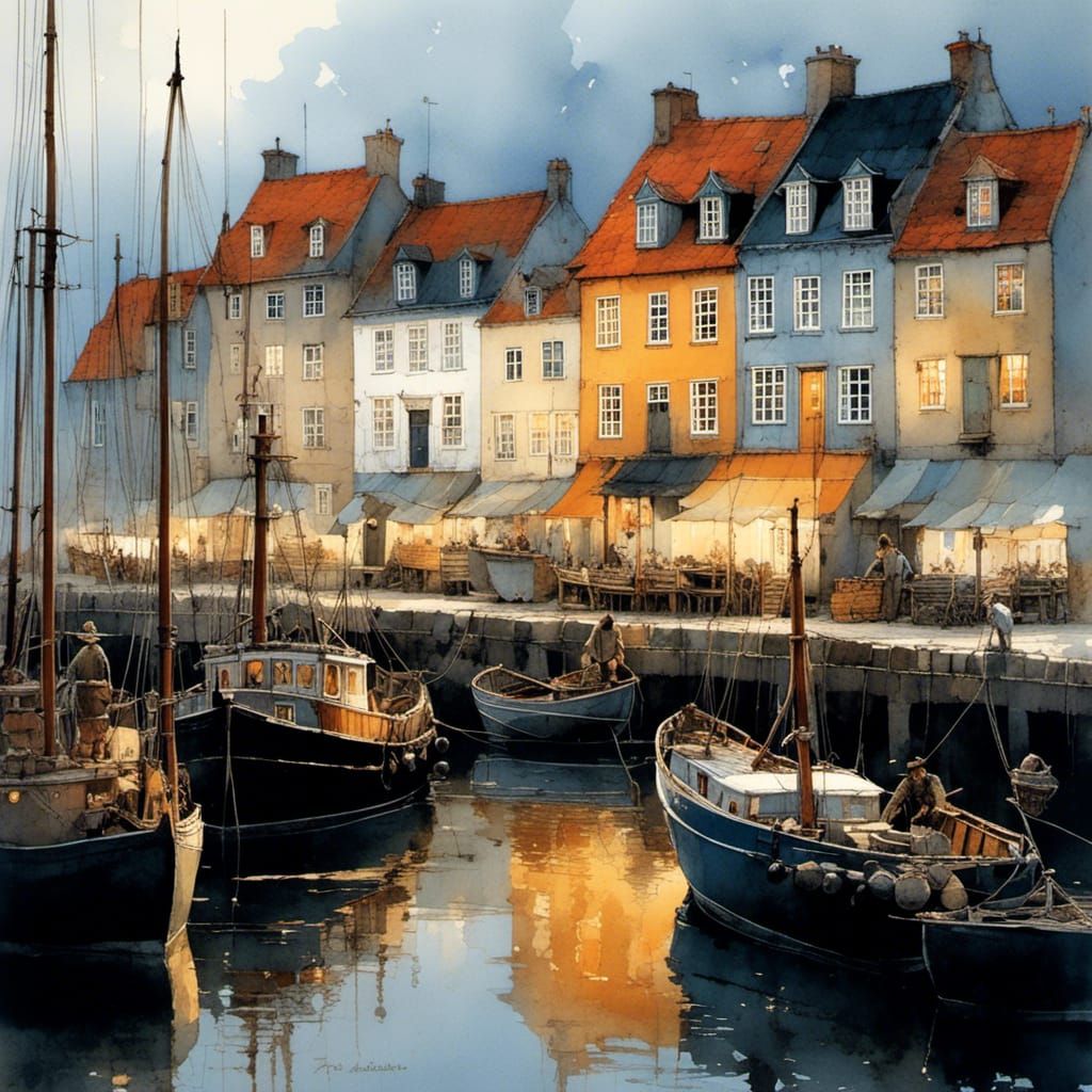 Danish Fishing Harbor at Sunset in Watercolor Style