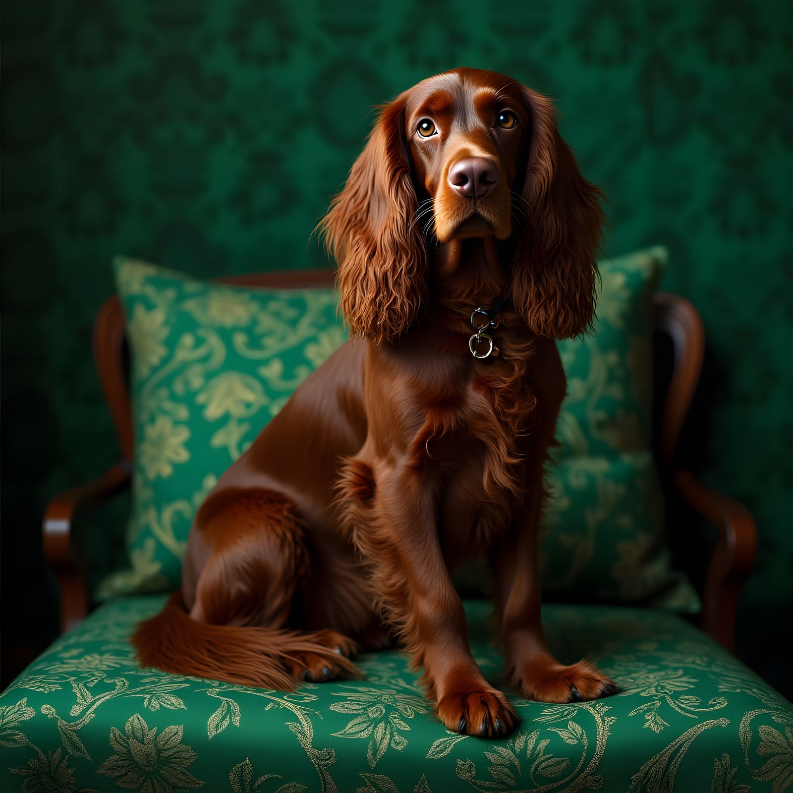 Elegant Irish Setter on Brocade Pillow