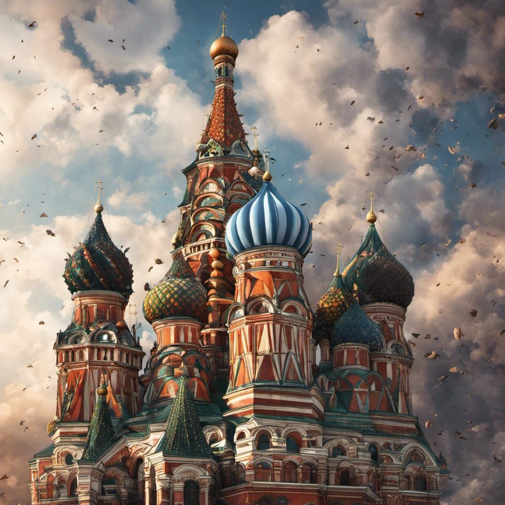 the colorful domes of Saint Basil's Cathedral in Moscow caved in, its walls cracked, and its interior open to the sky.