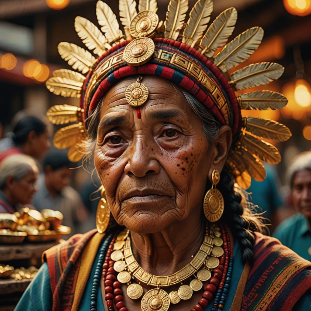 Mayan Aztec Gold Seller in Vibrant Textiles
