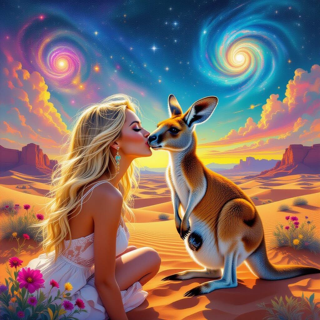 Blonde Woman Kisses Kangaroo on Jupiter's Desert in Cosmic S...