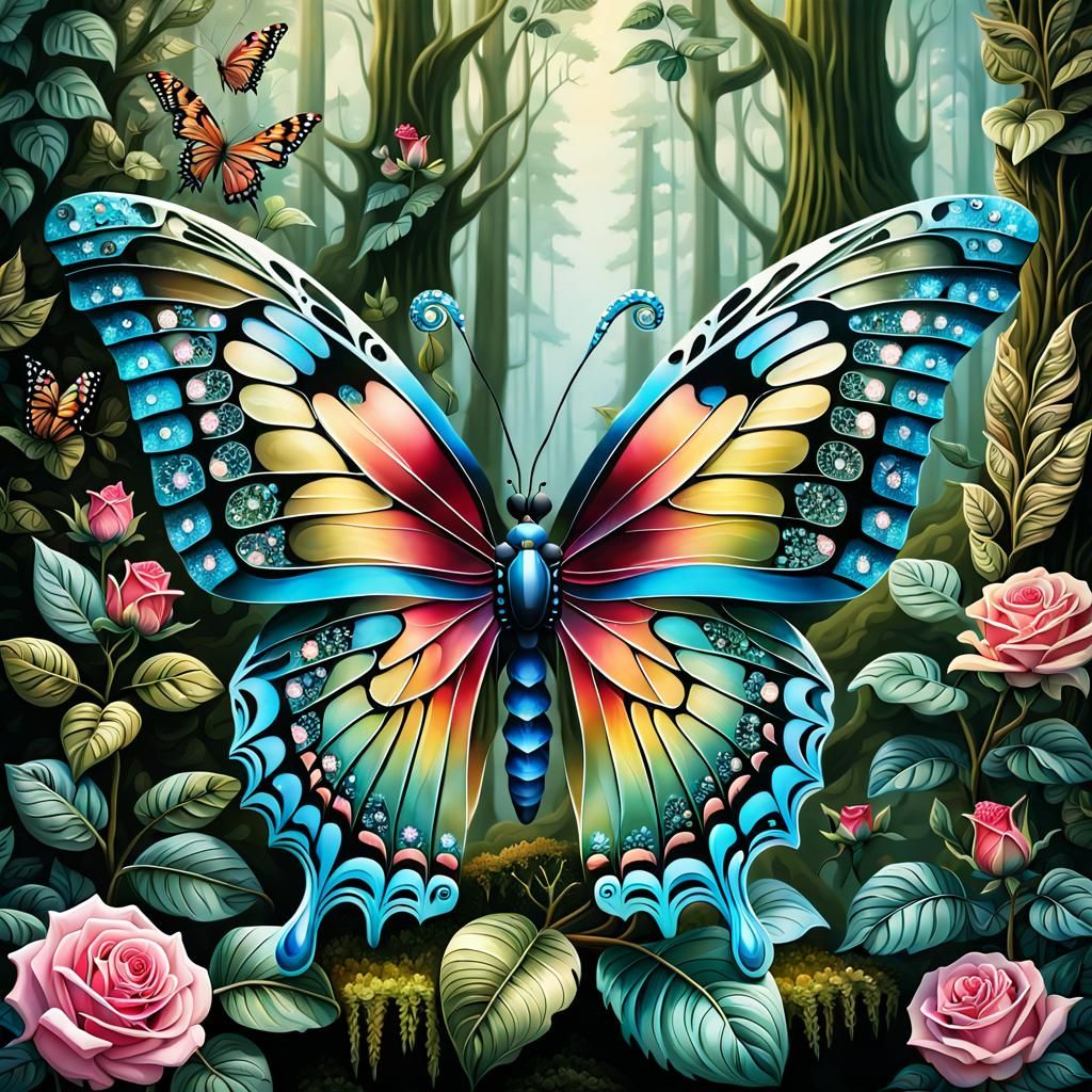 Ornate Crystal Butterfly on Rose in Smalt Palette