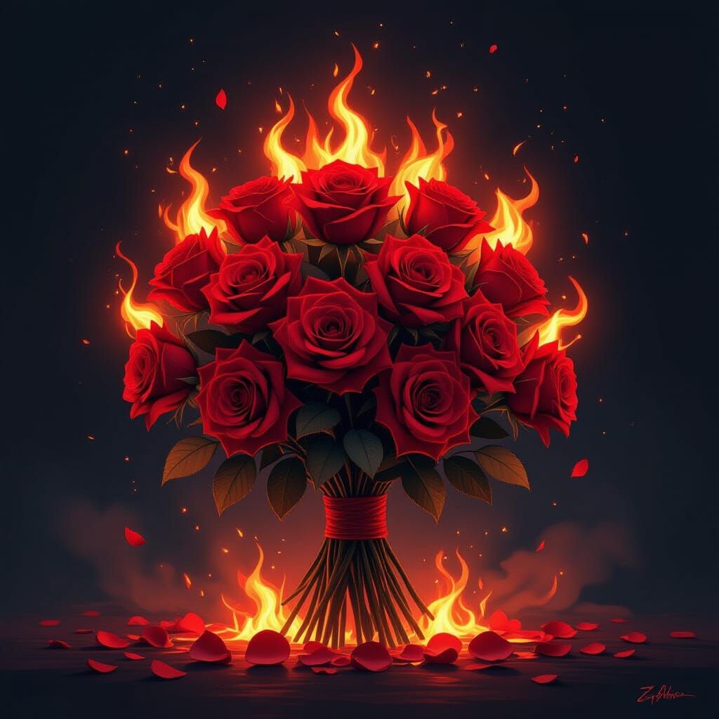 Vibrant Roses Ablaze in Ethereal Flames