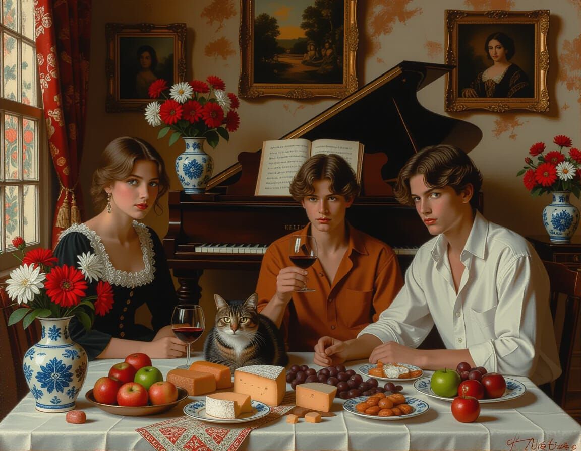 Melancholy Lounge Scene: Woman, Cat, and Revelers