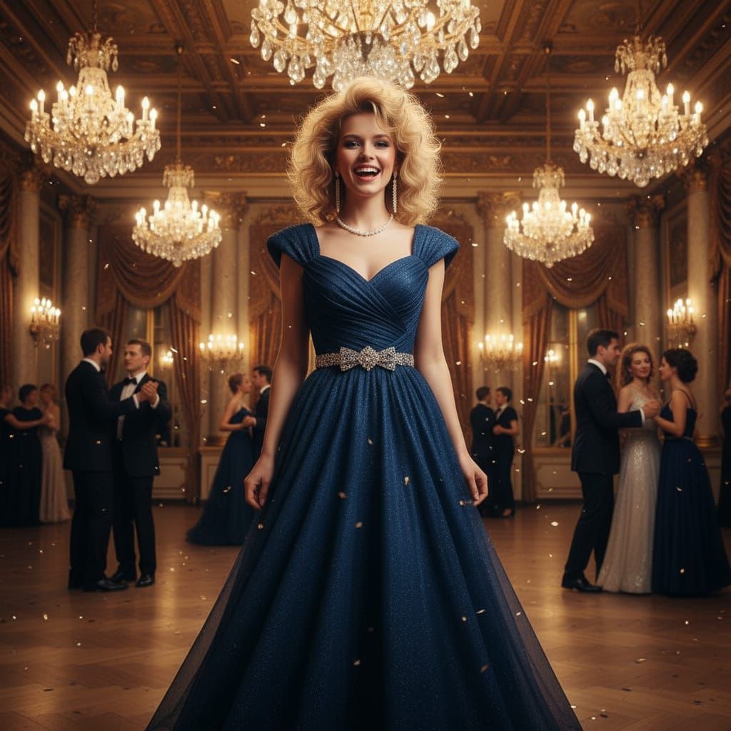 1980s Pin-Up Woman in Midnight Blue Evening Dress